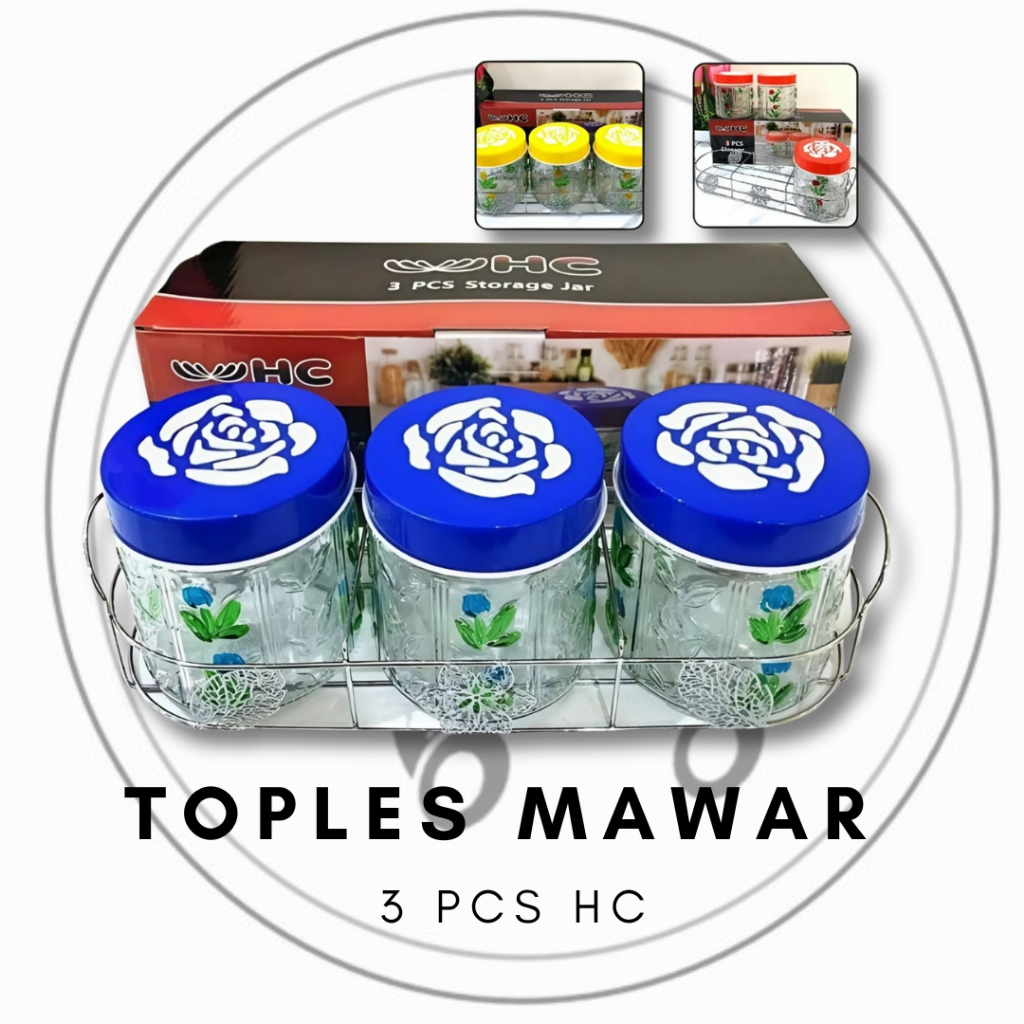 Hc Toples Set Kaca 3 Pcs Hc + Rak Besi Toples Lebaran Cantik Motif Mawar Rose Beling
