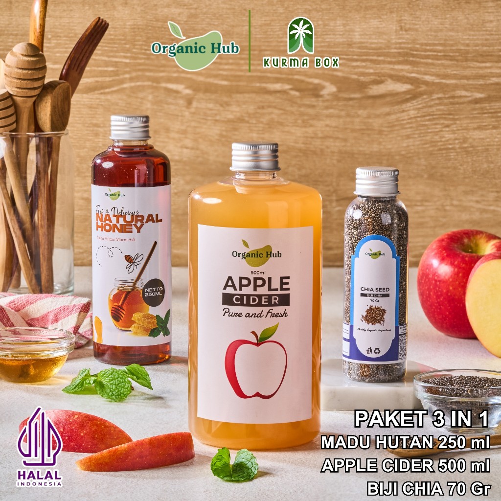 

Organic Hub Paket 3in1 Apple Cider With Mother Original Cuka Apel Murni Madu Hutan Murni Chia Seed