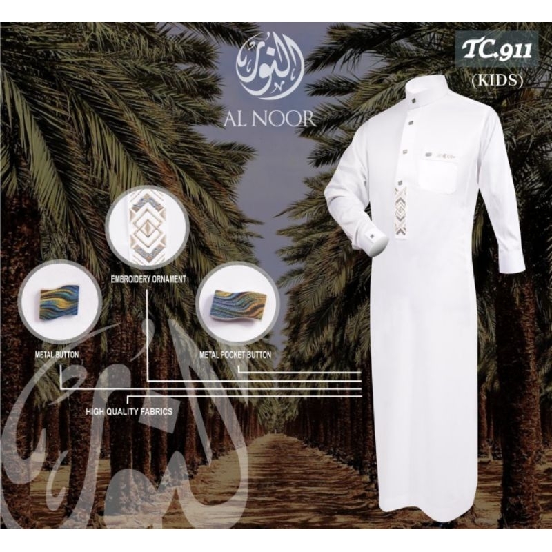JUBAH ALNOOR PUTIH KANCING PREMIUM MANSET BORDIR REMAJA