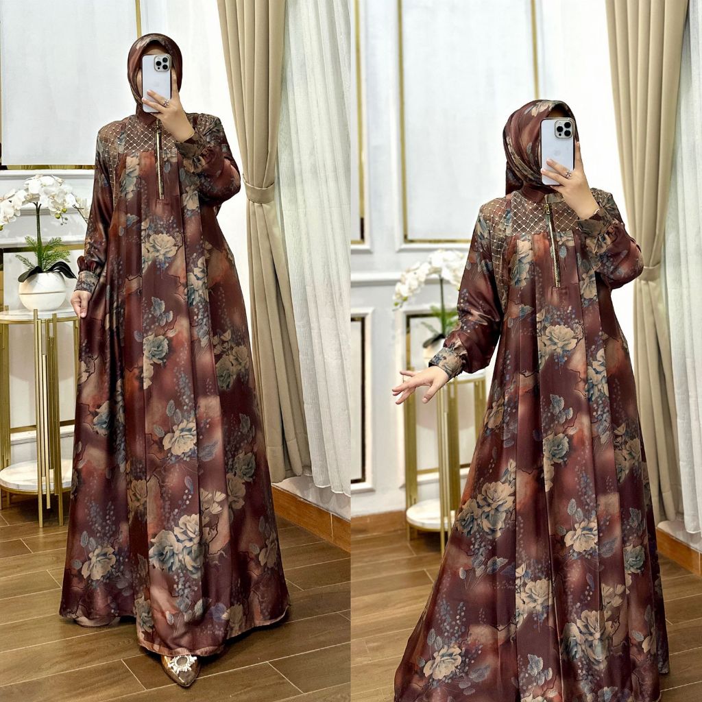 Gamis Kinara Dress Set Hijab Armany Silk Motif Bunga