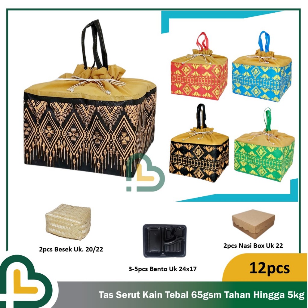 

12pcs Tas Kain Serut Motif Batik untuk 2box Nasi Kotak 22x22 Syukuran