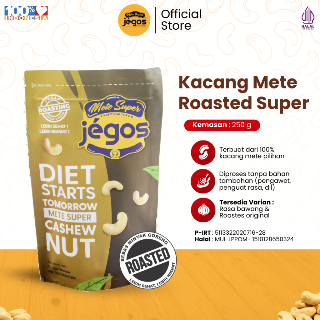 

Kacang Mete Roasted Super Utuh Rasa Original Kualitas Mede Premium Kemasan 250gr Jegos