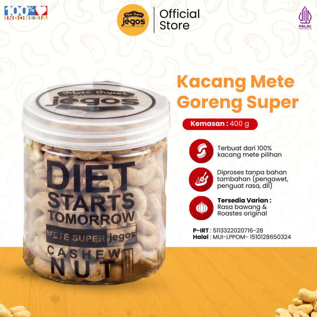 

Kacang Mete Goreng Super Utuh Rasa Bawang Kualitas Mede Premium Kemasan Toples 400gr Jegos