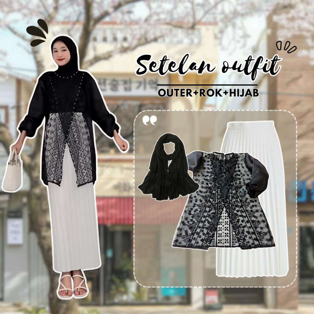 One Set 3IN 1 Wanita Kekinian Outer brokat, Rok plisket span, Hijab Outfit Lebaran, Kondangan Kekini
