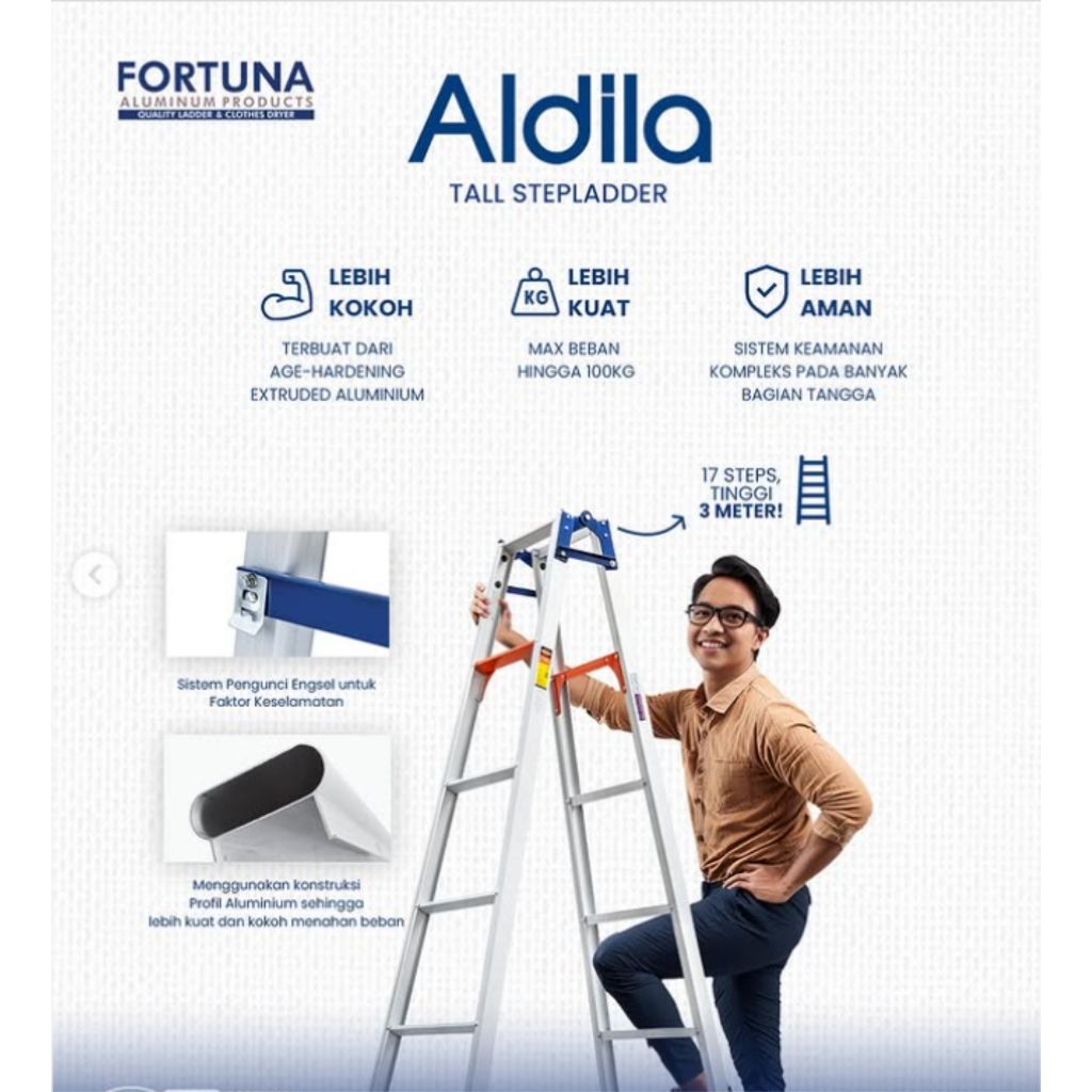 Fortuna Aldila 11 Trap 2meter / 13 Step 2,5m / AD 17 Anak Tangga 3 meter Lipat Aluminium Alumunium