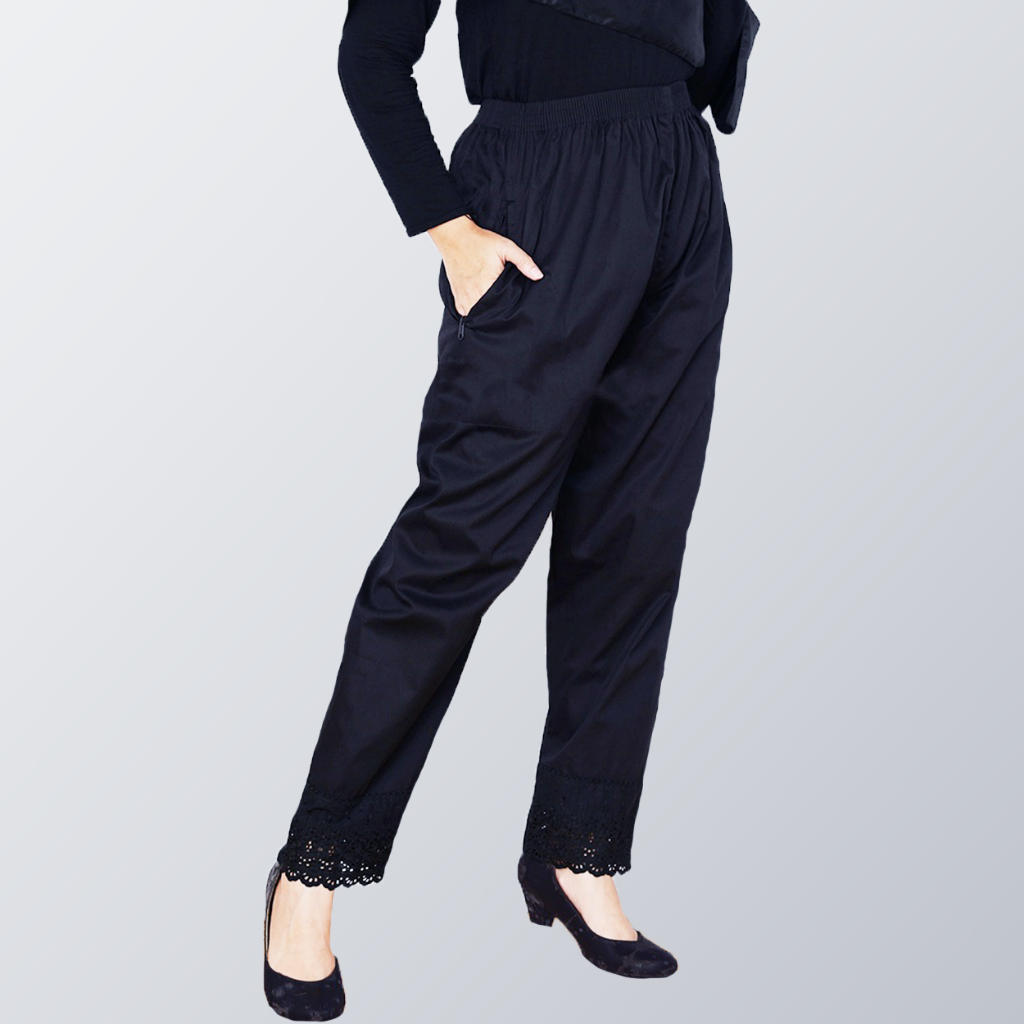 Basmala - Celana Panjang Katun Wanita Renda Celana Dalaman Gamis Ihram Warna Hitam Dan Putih