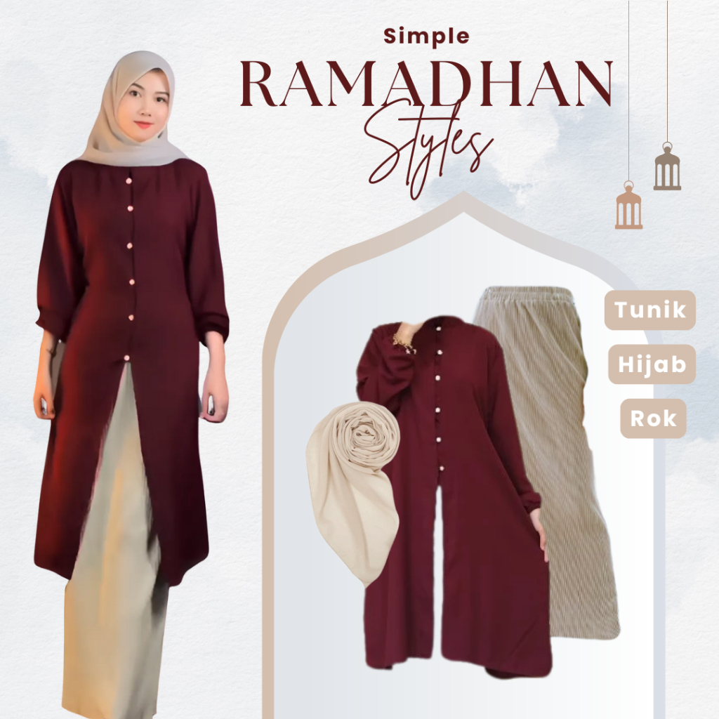 One Set Setelan Wanita ( Long Tunik + Rok Span + Jilbab Bella Square ) Baju Remaja Ramadhan - FC2N