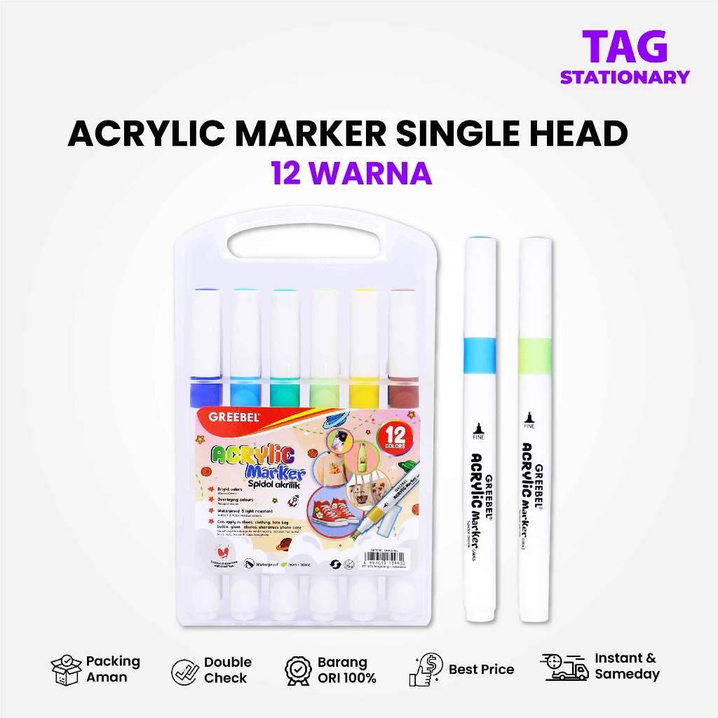 

GREEBEL Spidol Acrylic Marker Single Head / GMAS 12 Warna / Spidol Warna Warni Timur Agung Grosir