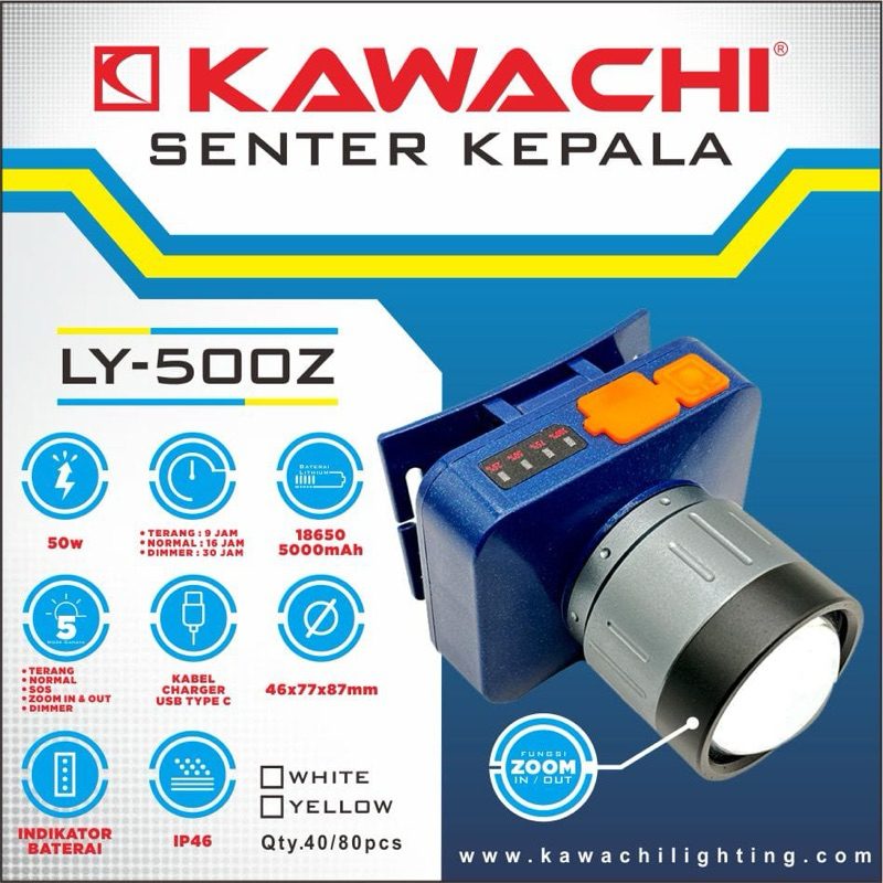 Senter Kepala Kawachi Zoom Headlight 50watt Kawachi LY-500Z Warna Putih Super Terang