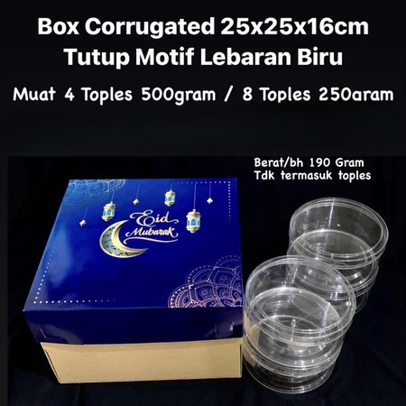 

( 5 pcs ) kotak packaging hampers lebaran motif biru eid mubarak dus muat 4 toples kuker 500gr