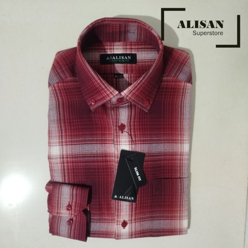 New Arrival Alisan Kemeja Pria Flanel Kotak Merah Lengan Panjang Slimfit