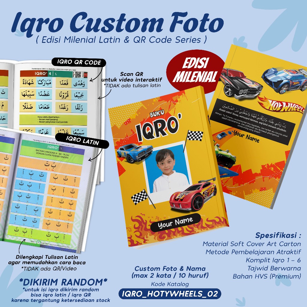 IQRO MILENIAL ANAK CUSTOM DESAIN HOTWHEELS / BUKU IQRO MILENIAL TAJWID BERWARNA SOFTCOVER LENGKAP IQ