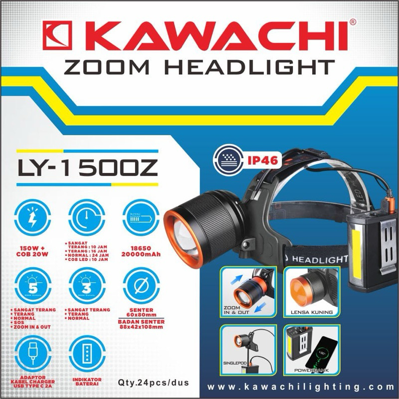 Senter Kepala Zoom Kawachi LY-1500Z 150watt Super Terang Baterai 20000mAh Ori Kawachi