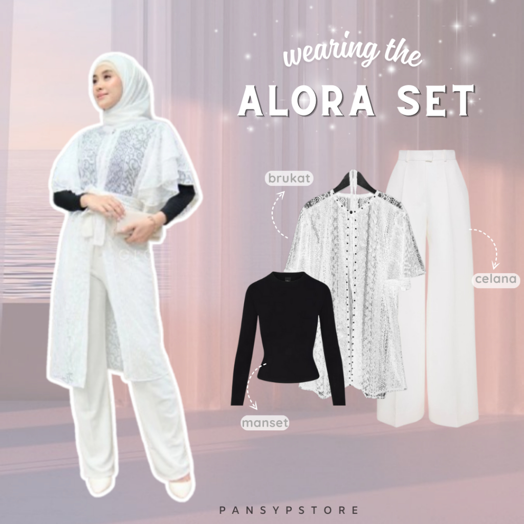 Alora One Set Cardigan Brukat Celana Kulot Manset Setelan Kondangan Lebaran Outer Brokat Renda
