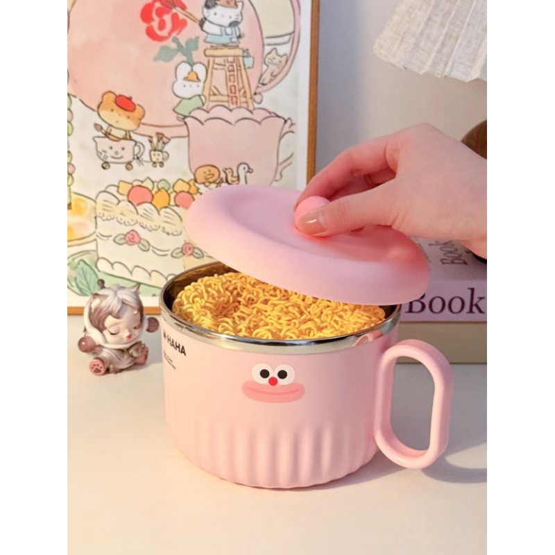 Cangkir Tempat Mie / Mangkok Mie Instant Stainless 304 dengan Tutup dan Pegangan Portable  / Cute In