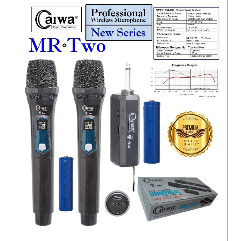 Mic Wireless Caiwa MR TWO UHF +1 PC Baterai Rechargeable Microphone Mic Tanpa Kabel Mic Vokal Karaok