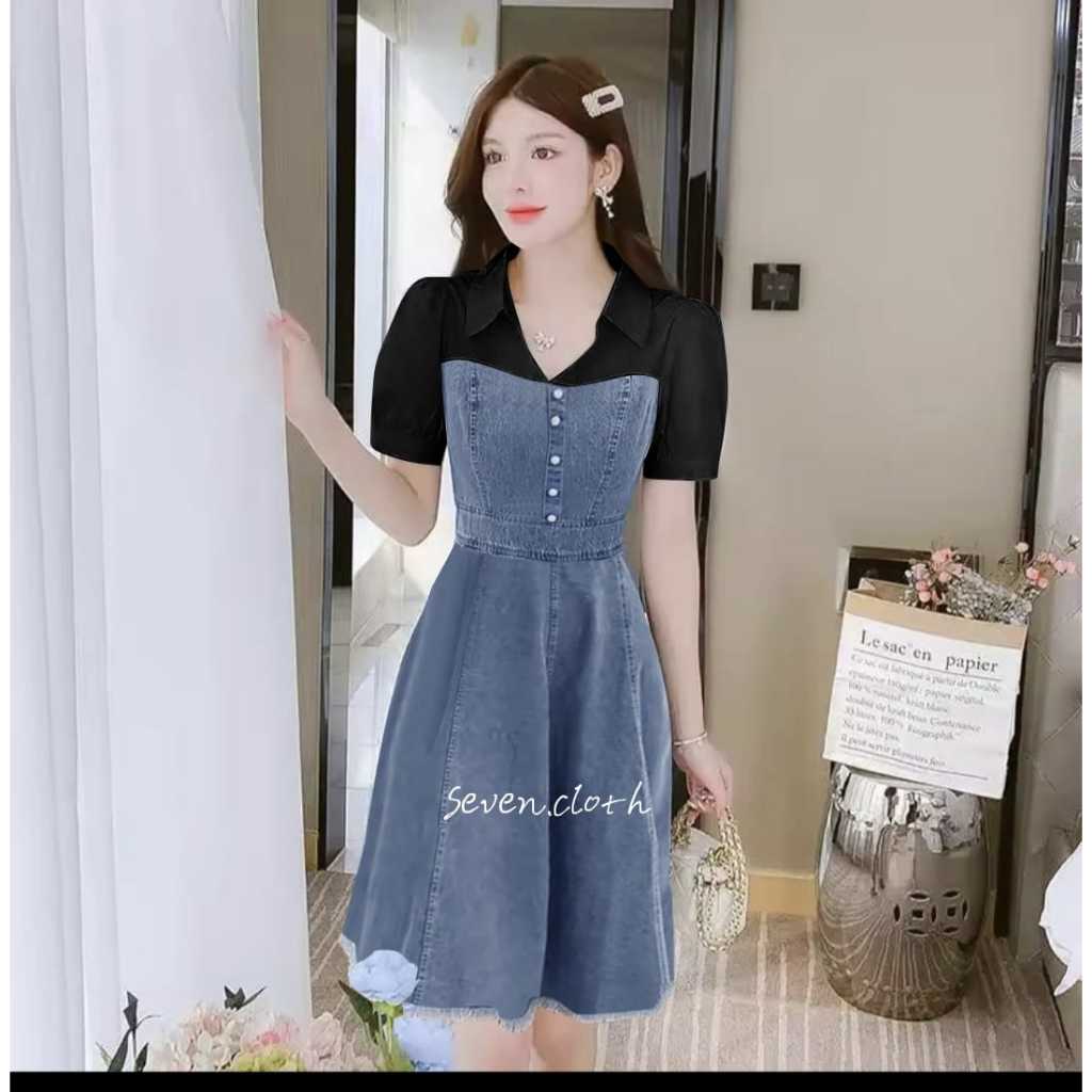 SEVEN.CLOTH - VANI DRESS / DRESS JEANS PAKAIAN WANITA DRESS KOMBINASI BAHAN KATUN LENGAN PENDEK TERB