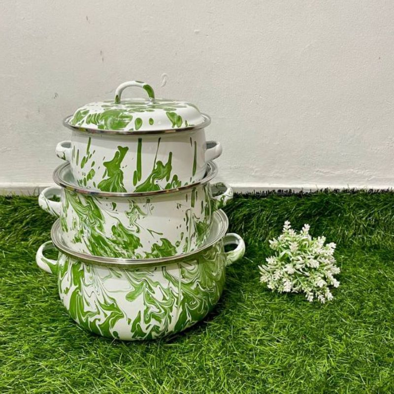 ShP3 Panci Set Enamel Motif Kembang 3 Pcs Tutup Kaca / Panci Bunga 3 Susun