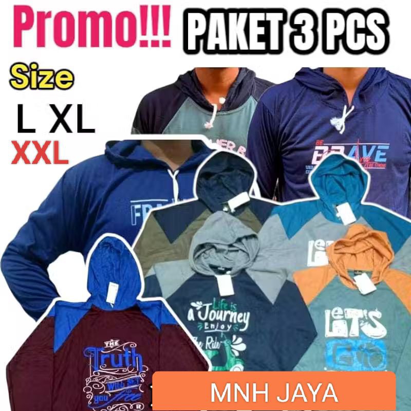 ( PAKET 3 KAOS MURAH ) KAOS TOPI LENGAN  PANJANG/KAOS LENGAN PANJANG TOPI TUDUNG/KAOS PROYEK JUMBO P