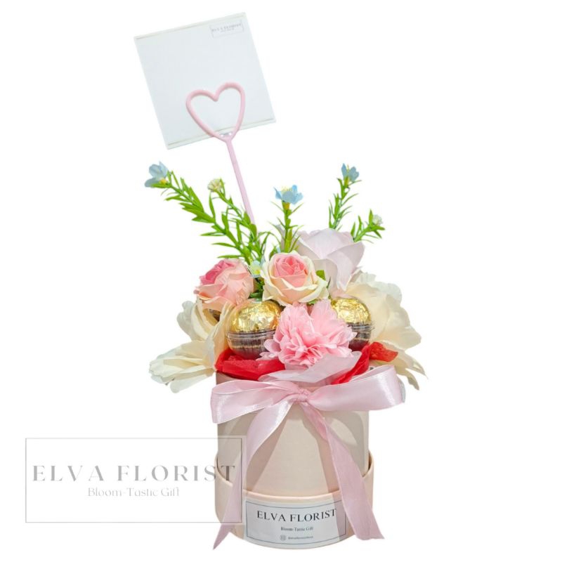 

Bloom Box Flower + Coklat Ferrero 5pc / Bloom box kecil uk. 10x10 /Bloom Box Flower