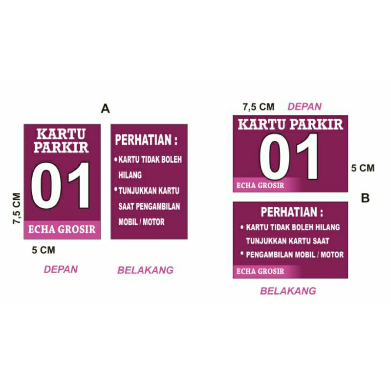 

Kartu Parkir nomor ganda 1-50. Ukuran 5 x 7,5 cmdilapisi plastik laminating anti air