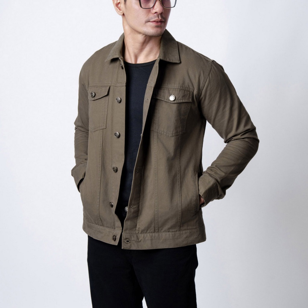 VENGOZ Jacket Trucker Pria Cotton Twill Premium - Green Army