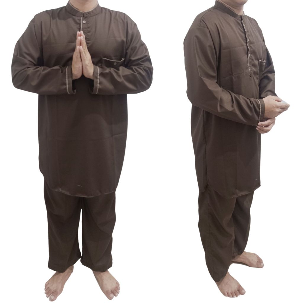Setelan Gamis Koko Pakistan Dewasa Pria Coklat Cokelat Tua Atasan Celana Muslim Katun Toyobo Panjang