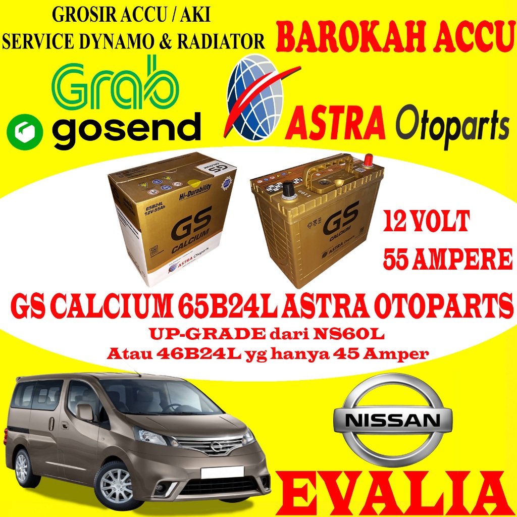 AKI MOBIL NISSAN EVALIA GS CALCIUM 65B24L , 55 AH ASTRA OTOPARTS