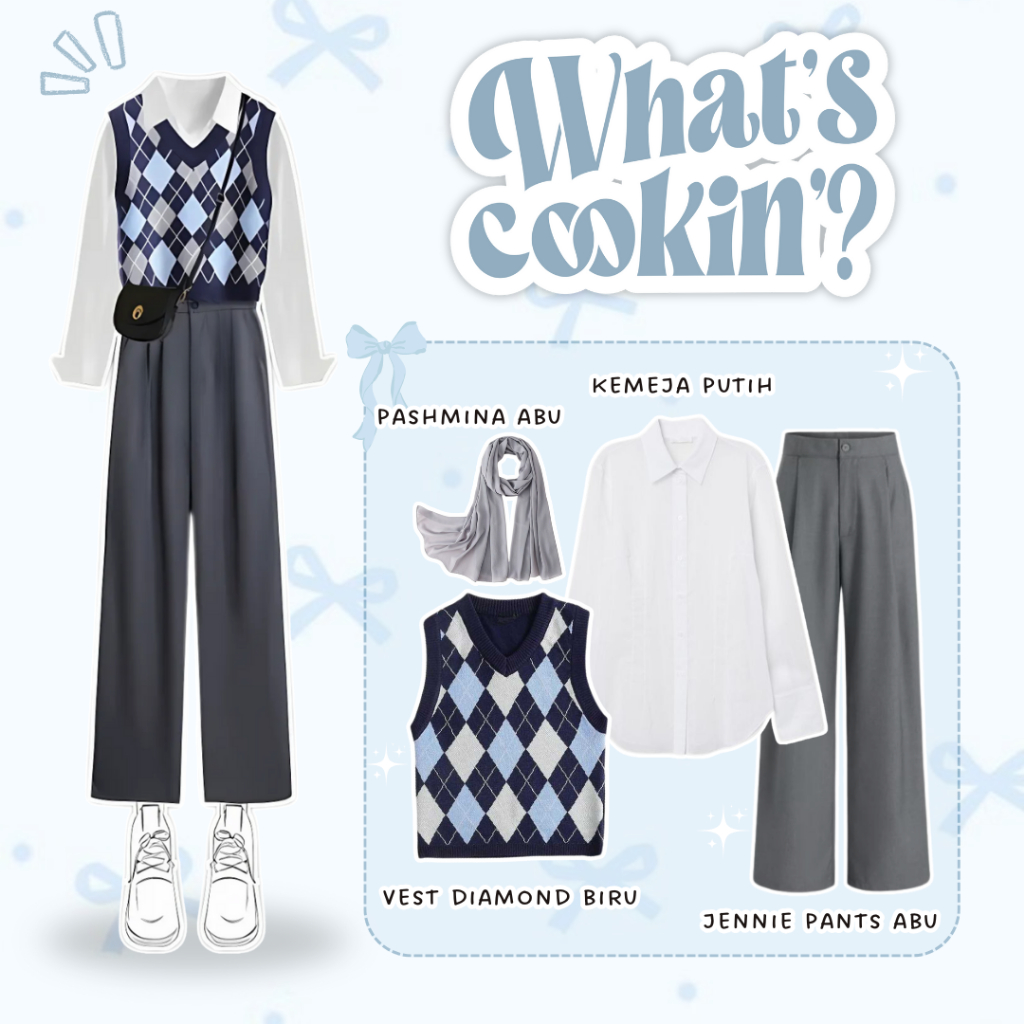 One Set Baju Wanita Dewasa Masa Kini (Hijab, Kemeja, Vest Rajut, Celana Highwaist) Kekinian - ES16