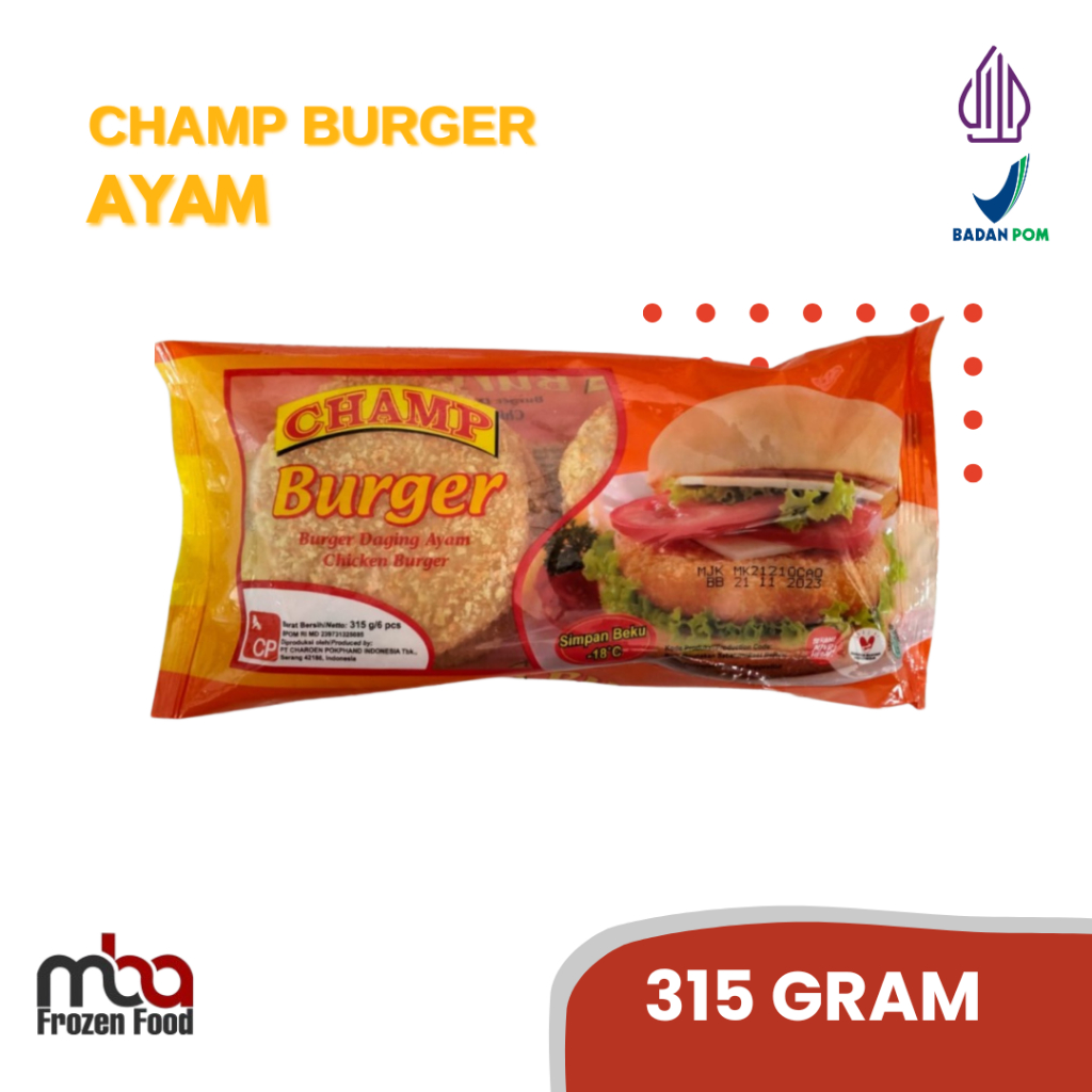 

Champ Burger Chicken / Champ Burger Daging Ayam 315 Gr /Nugget /AyamTepung /Frozenfood /Nugget Ayam /Makanan Siap Saji /Makanan Beku /Ayam Goreng /Beku /Ayam Beku