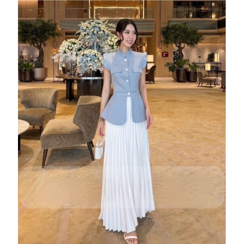 set top skirt dress basic simple sleeve dress sister photoshoot europe paris gaun pesta wedding part