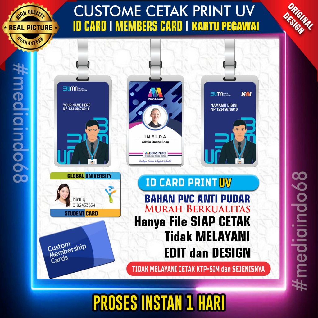 

Custom ID CARD Print UV Cetak Kartu Bahan PVC kualitas Premium (Bisa Satuan-Instan 1 hari)