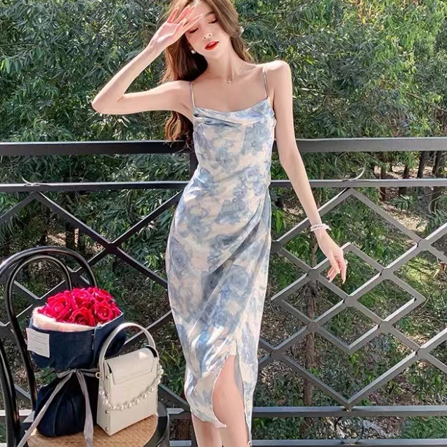 Paling DICARI baju midi dress terbaru 2025 dress biru muda korean style Elegant bodycon floral