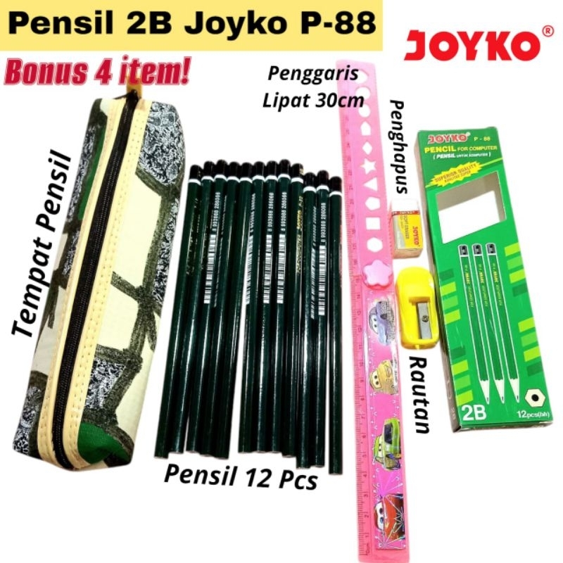 

[12Pcs] Pensil 2B Joyko P-88 Bonus Tempat Pensil + Penggaris Lipat 30 cm + Penghapus + Rautan
