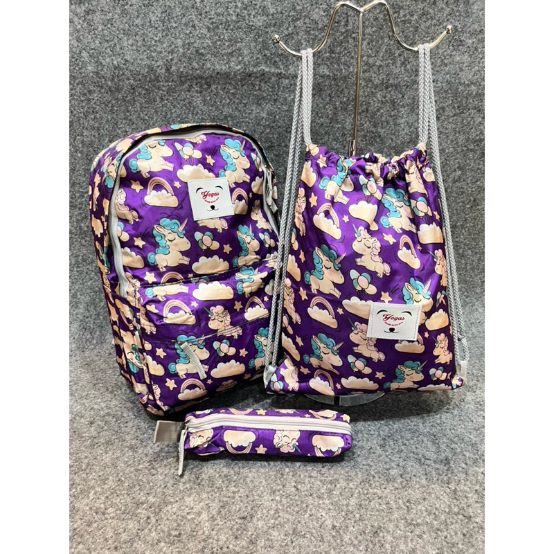 TAS 1 SET / Tas 3 in 1 Untuk Anak Perempuan (Ransel, Tas Serut dan Tempat Pensil/Pouch) Motif Kuda P