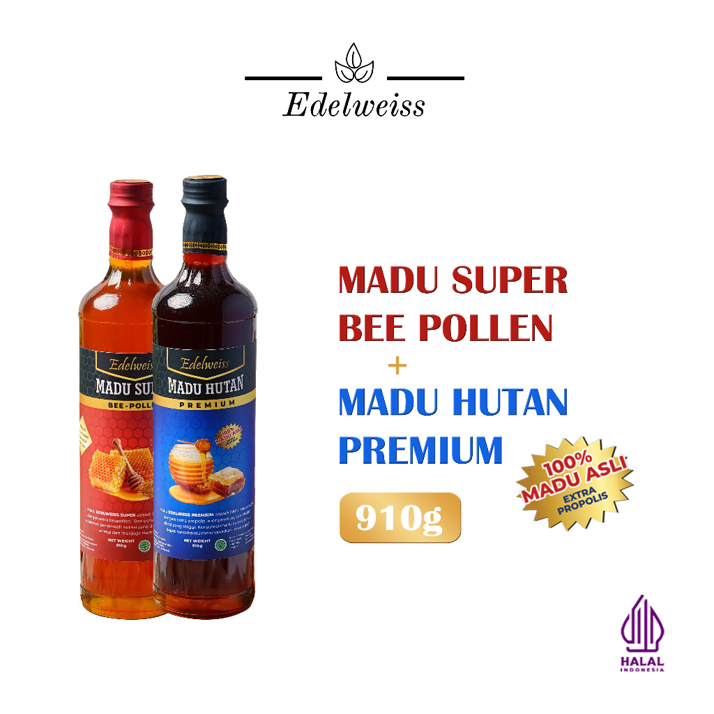 

Combo Madu edelweiss super beepollen / Madu hutan premium extra propolis 910gr X 2 FREE TOPI