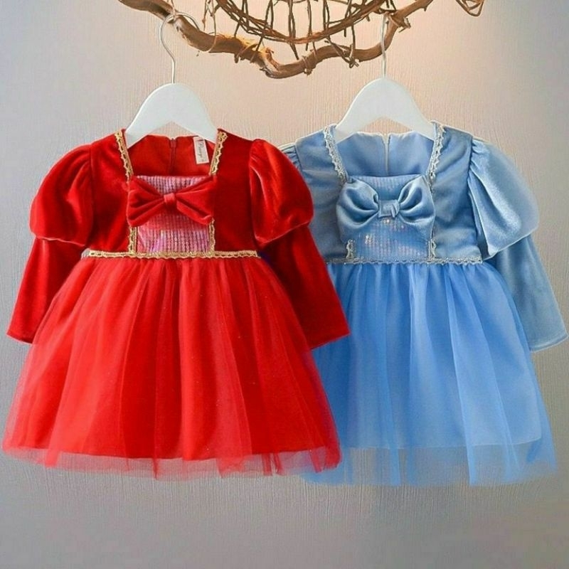 Dress Gaun Anak Mewah Bayi 1 2 3 Tahun Bahan Velvet Lengan Panjang Merah Biru