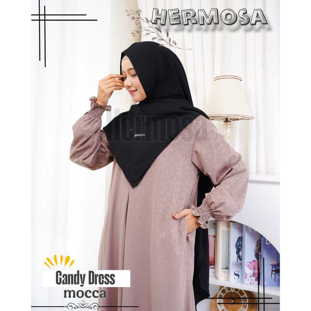 [Abaya hermosa]Abaya hermosa wolfis embos motif candy mocca-Abaya coklat susu-Abaya manset karet