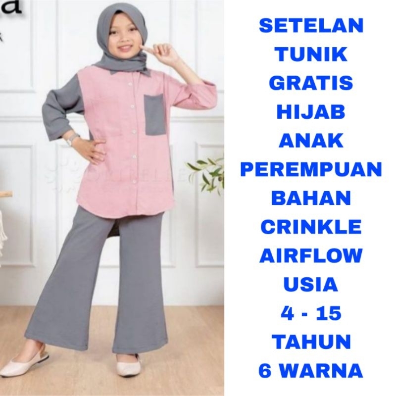 WK SETELAN TUNIK CELANA PANJANG ANAK PEREMPUAN BALITA REMAJA TANGGUNG GRATIS HIJAB BAJU MUSLIM ANAK 
