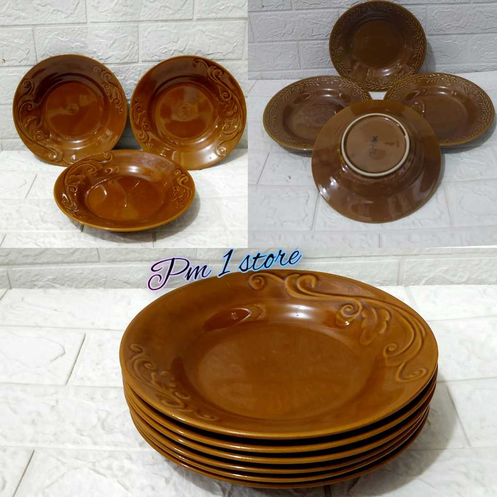 3pcs Piring Makan Keramik Motif Cantik Warna coklat