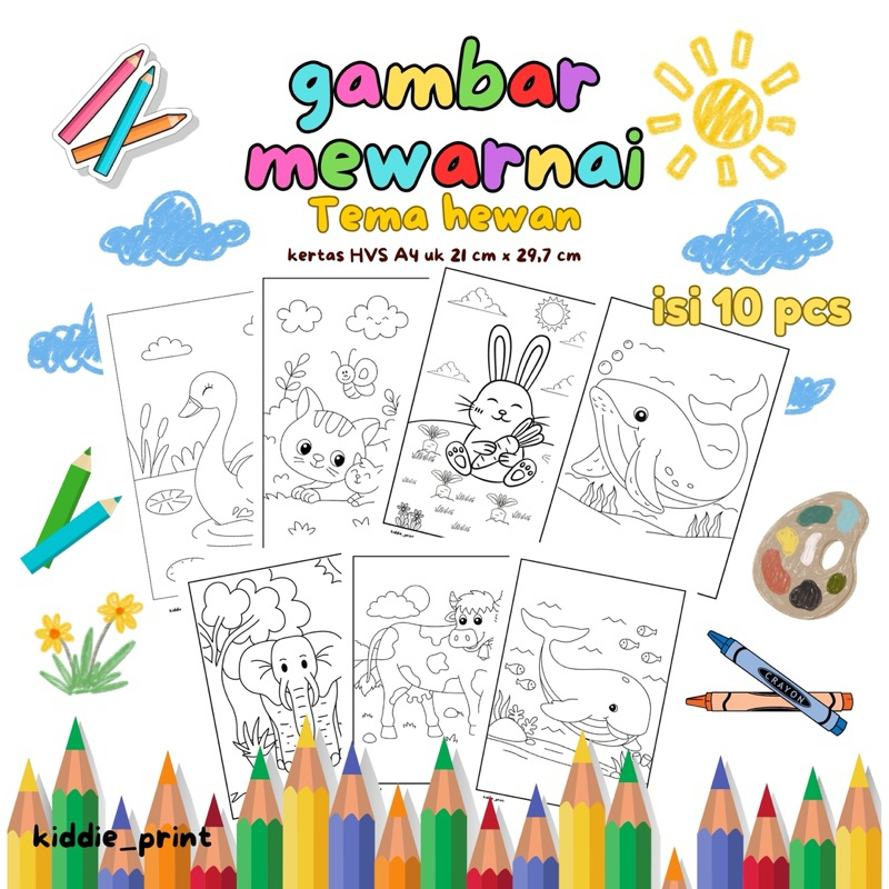 Gambar Mewarnai tema Hewan – Kiddie Print|10 Gambar Per Pack | Kertas A4 (21 x 29,7 cm) Tebal 100 gs