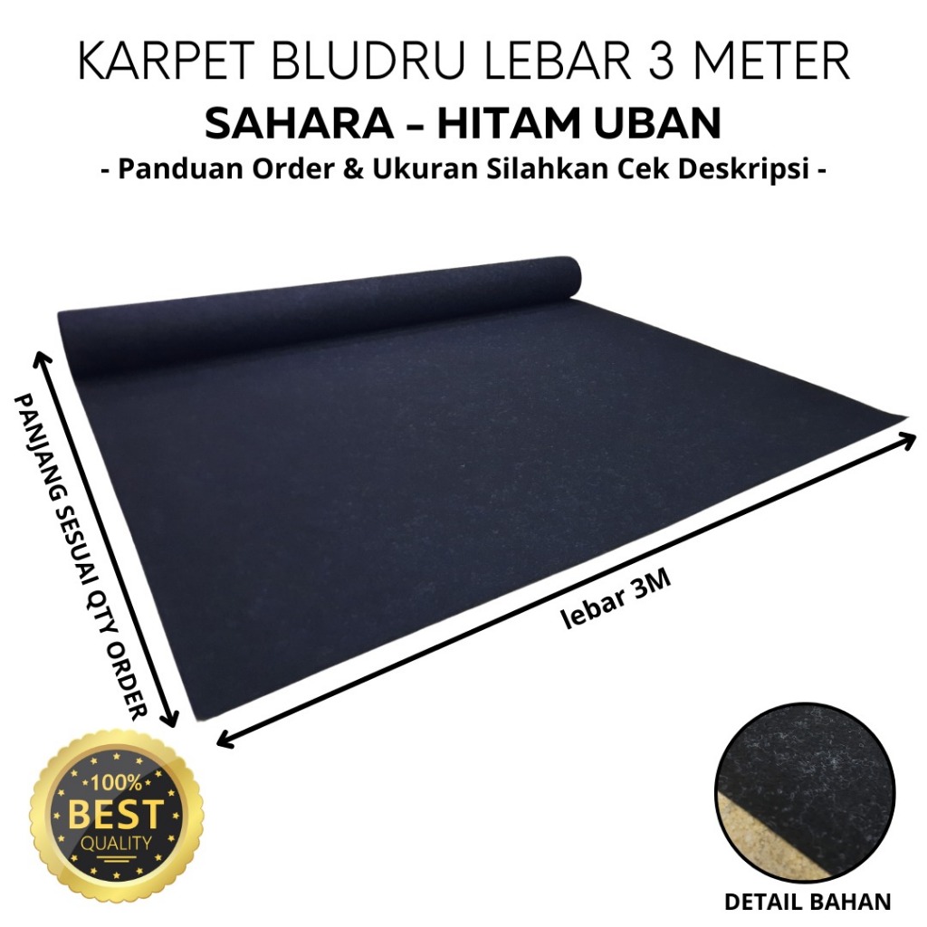 Karpet Meteran Exclusive Bludru Polos Lebar Karpet SAHARA HITAM UBAN PER 1M X 3M (LEBAR 3M)