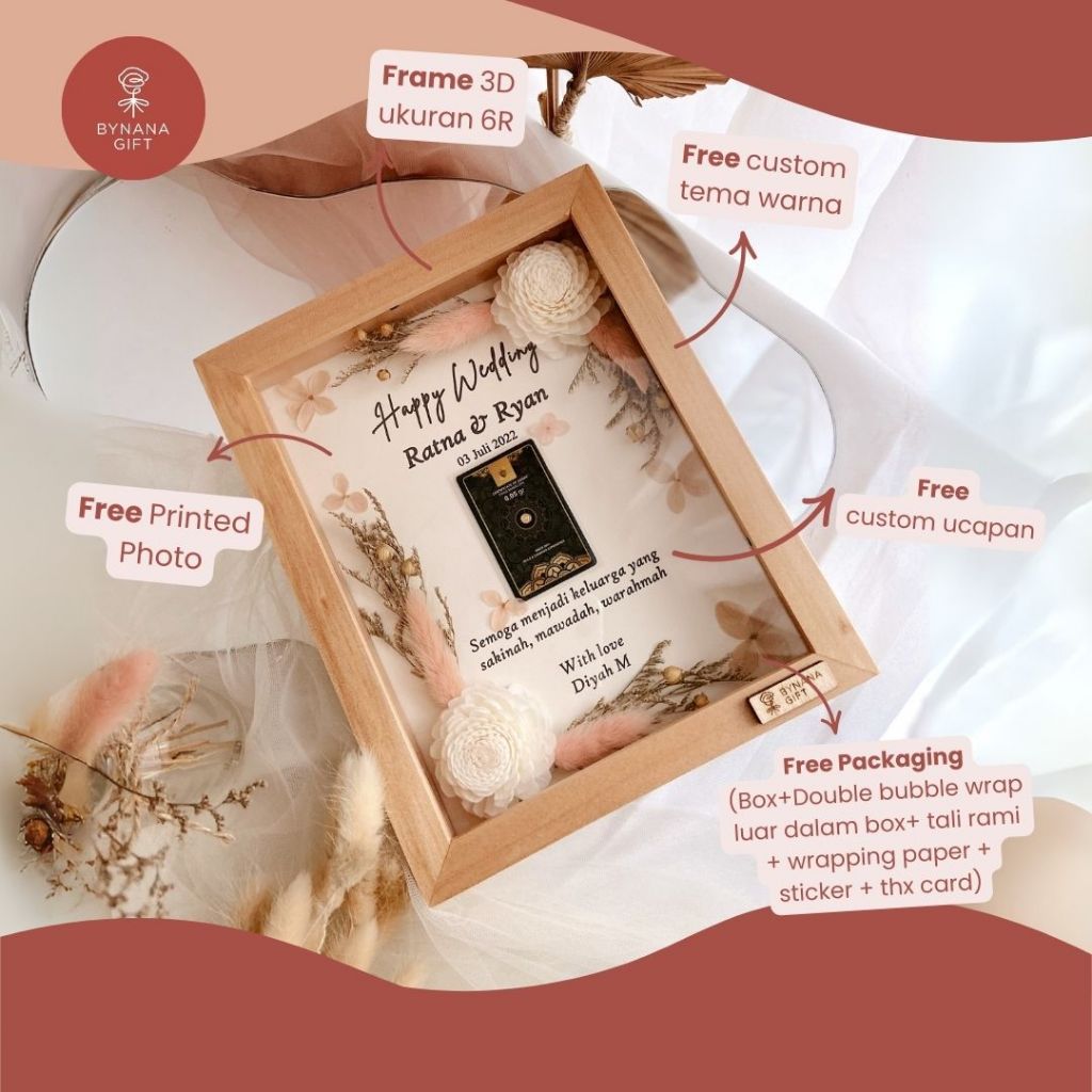 BYNANA.GIFT - Frame 3D - Frame dan Mini Gold - Dry Flowers - Kado Pernikahan - Free Custom Ucapan