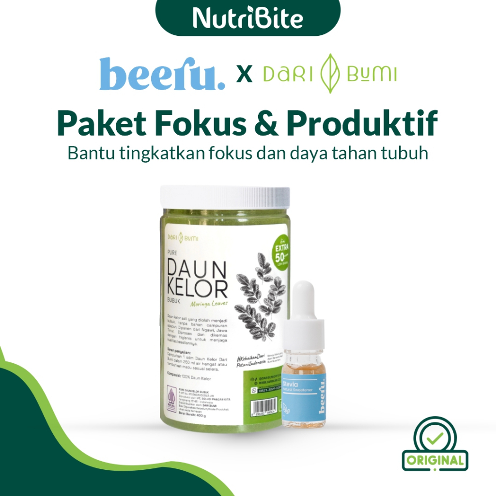 

NUTRIBITE Daun Kelor Bubuk Moringa 400gr Dari Bumi Stevia Pemanis Alami Cair 5ml Beeru Paket Fokus