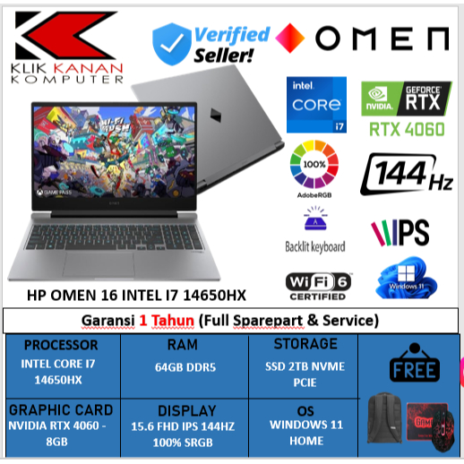 Laptop Gaming HP Omen 16 Intel Core i7 13700HX RAM 64GB DDR5 2TB SSD RTX4060-8GB 16.1 FHD 144Hz W11