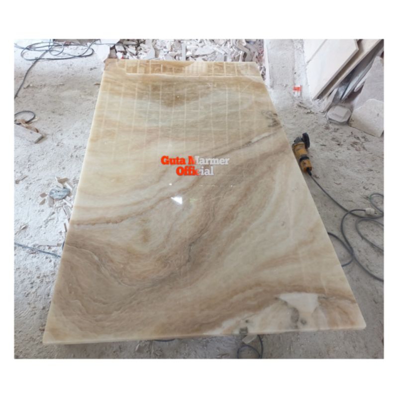 Top Table || Daun Meja Batu Onix Putih Motif Alur Glosy Mengkilat Rapi Ukuran 100x180Cm