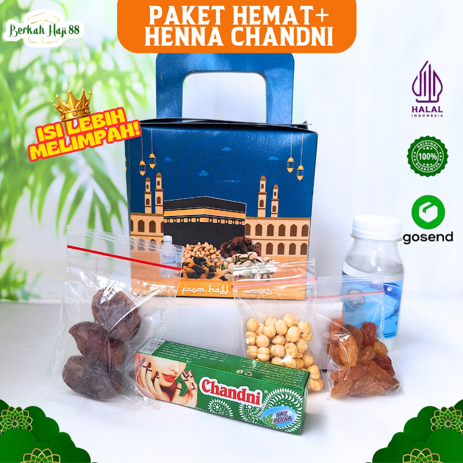 

Paket Henna Arab Oleh Oleh Haji dan Umroh box Air Zamzam ori + Kurma Khalas + Kismis Golden