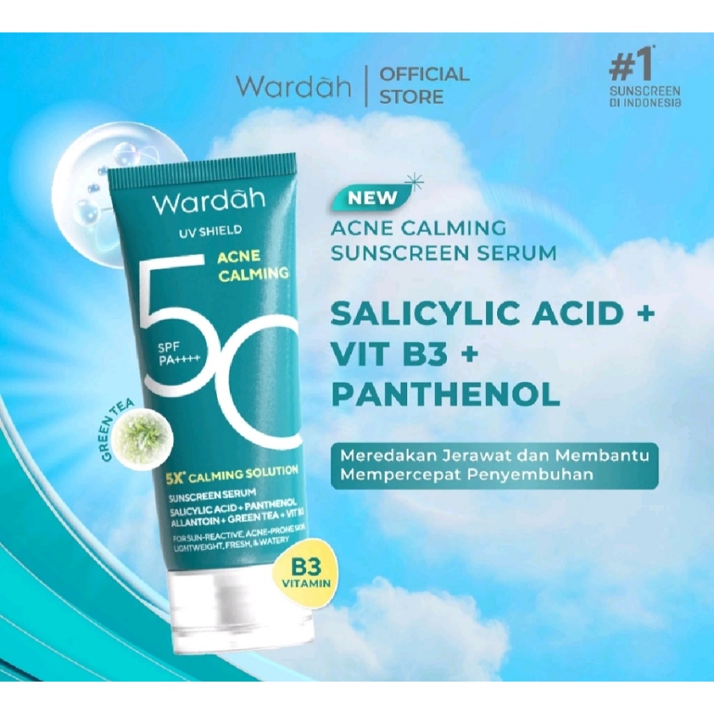 Wardah UV Shield Acne Calming Sunscreen Moisturizer SPF 35 PA+++ untuk komedo, jerawat dan bekas jer