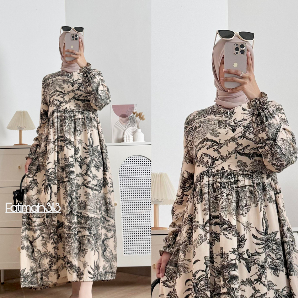 Midi Dress Wanita Muslim Motif Bunga Bahan Rayon Ld 110 & 120 Size XL & XXL By Fatimah313