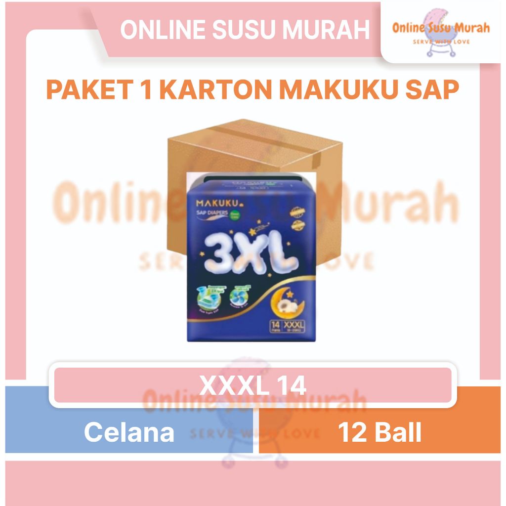 MAKUKU SAP DIAPERS 1 KARTON 12 BALL GROW CARE PANTS 3XL XXXL 14 XXXL14 POPOK CELANA PPKS